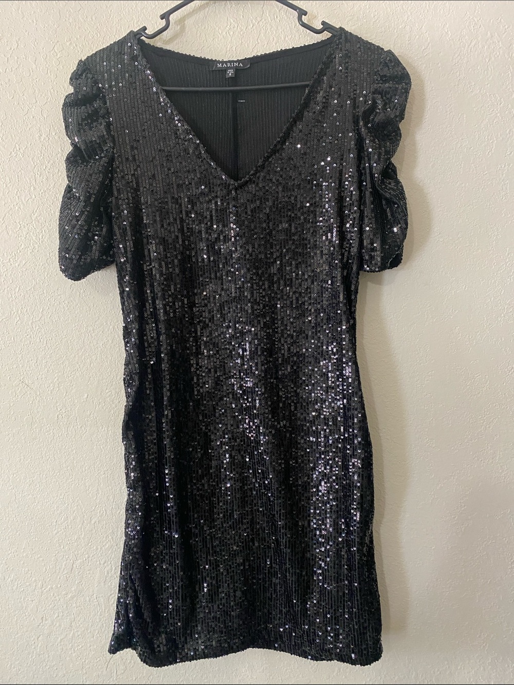 MARINA Black Ribbed Sparkling Sequin Mini Dress - Picture 2 of 11